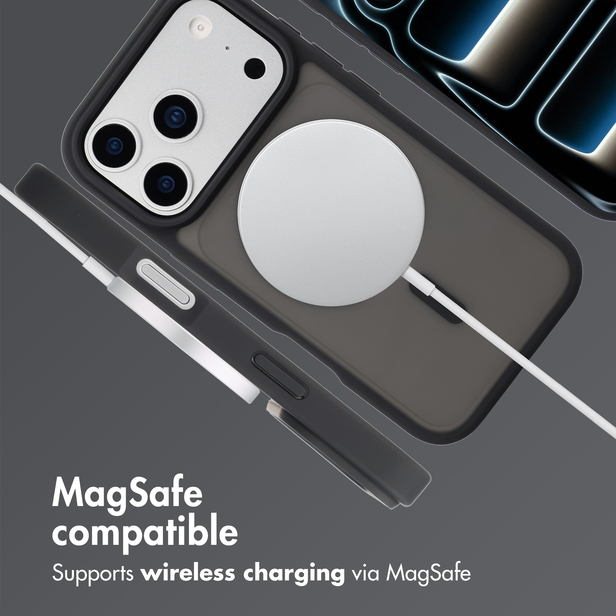 MagSafe-compatible phone case with a wireless charger attached.
