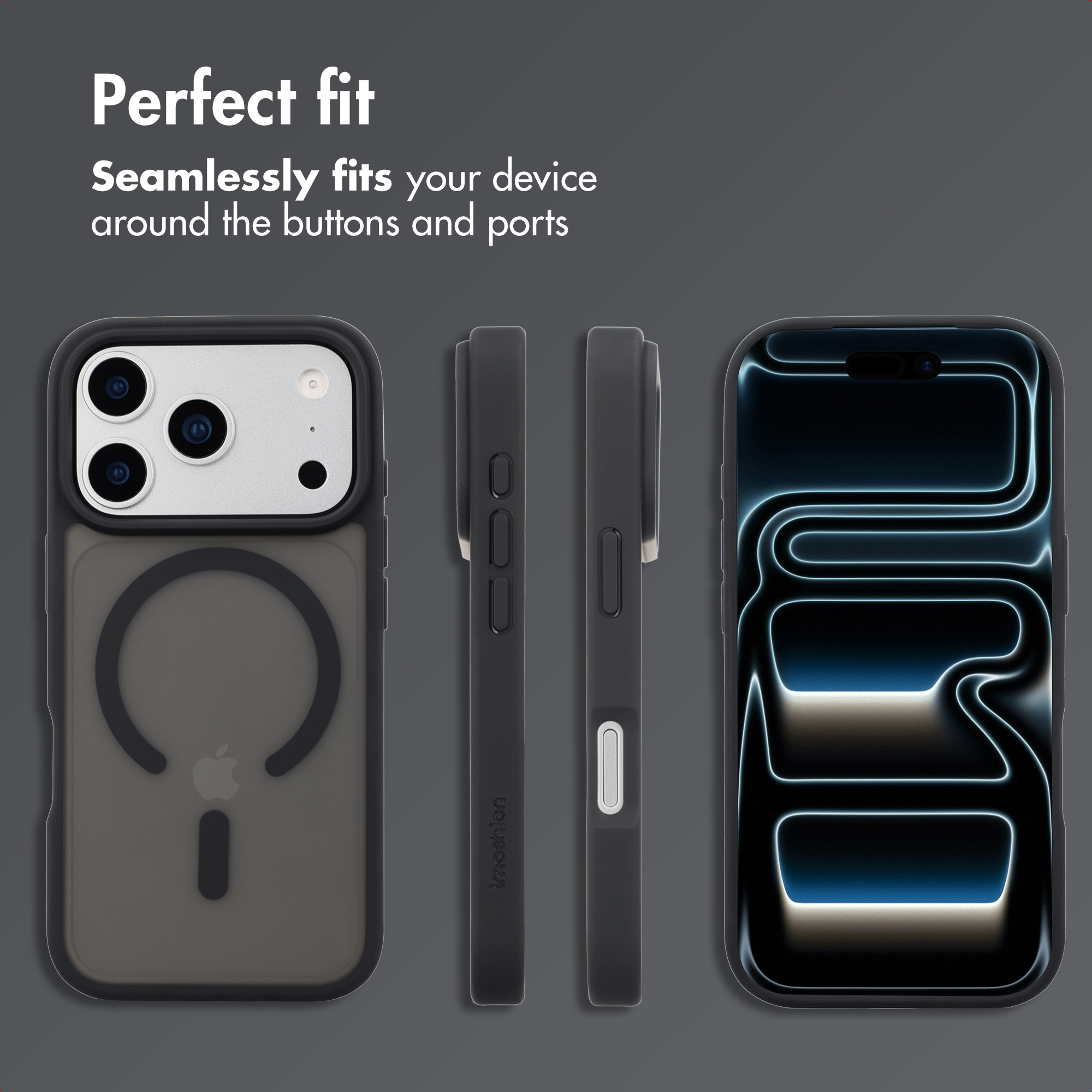 Four views of a smartphone in a black case showing camera, buttons, and screen against a gray background.