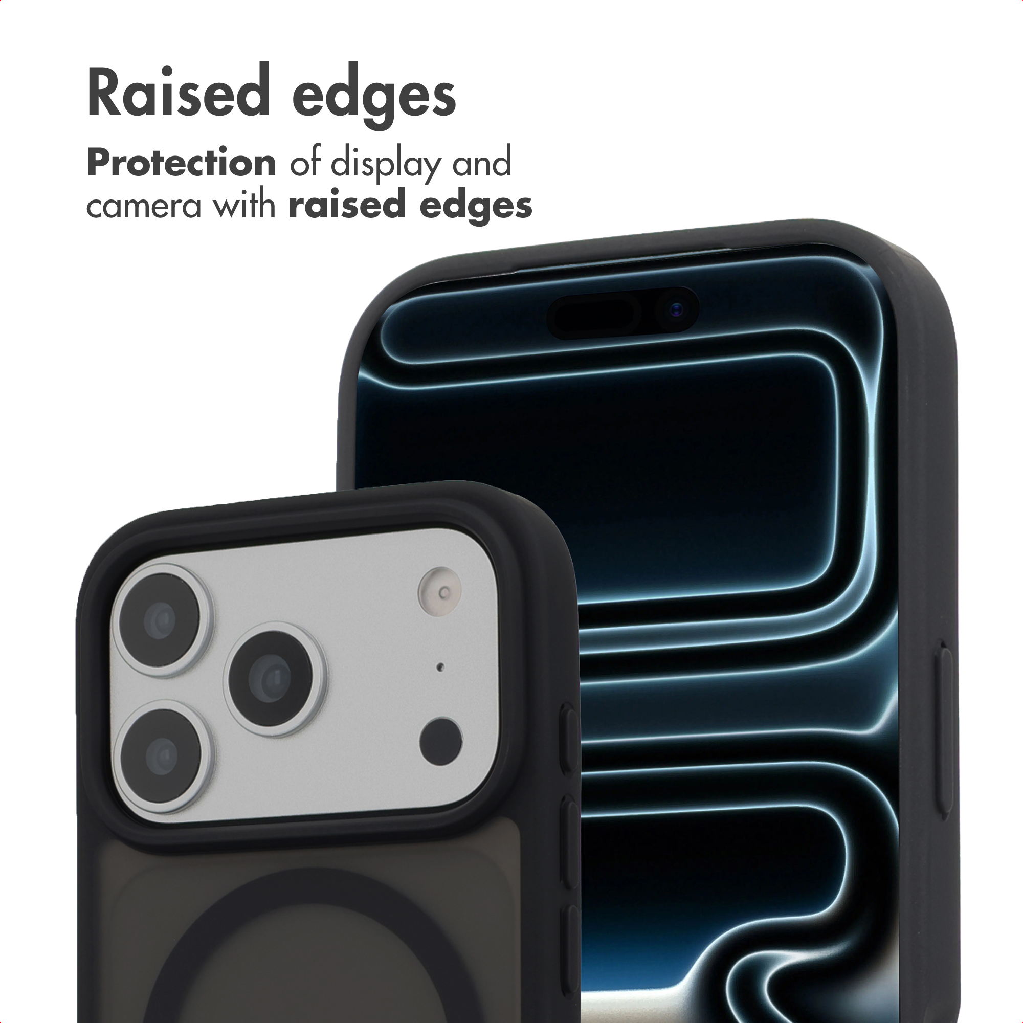 Two smartphones in black cases showing raised edges for display and camera protection.