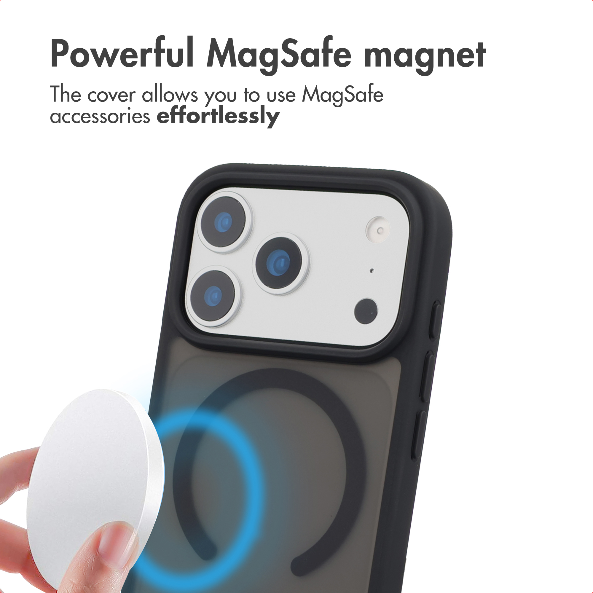 A hand holds a white MagSafe accessory near the back of a dark phone case with a magnetic ring.