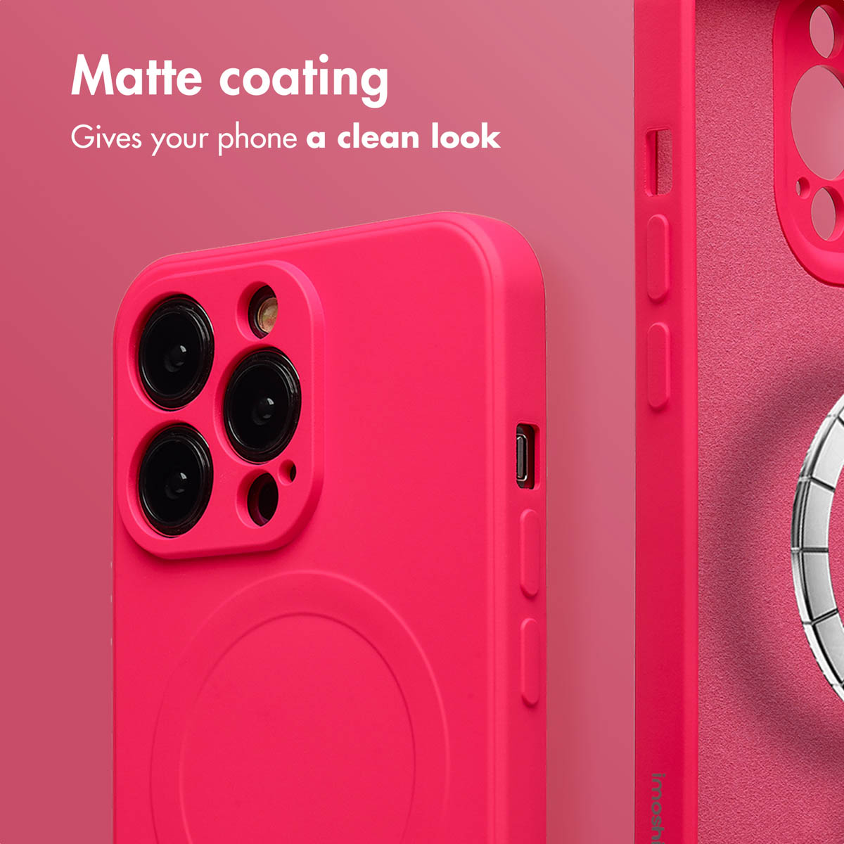 Custodia per telefono opaca rosa vivo con ritagli per fotocamera e tasti laterali su sfondo rosa.