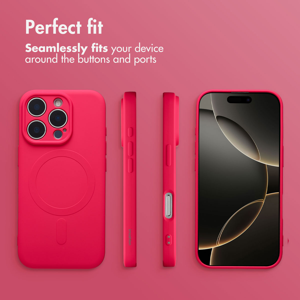 Cover per telefono rosa mostrata da più angolazioni che evidenzia i tasti su sfondo rosa.