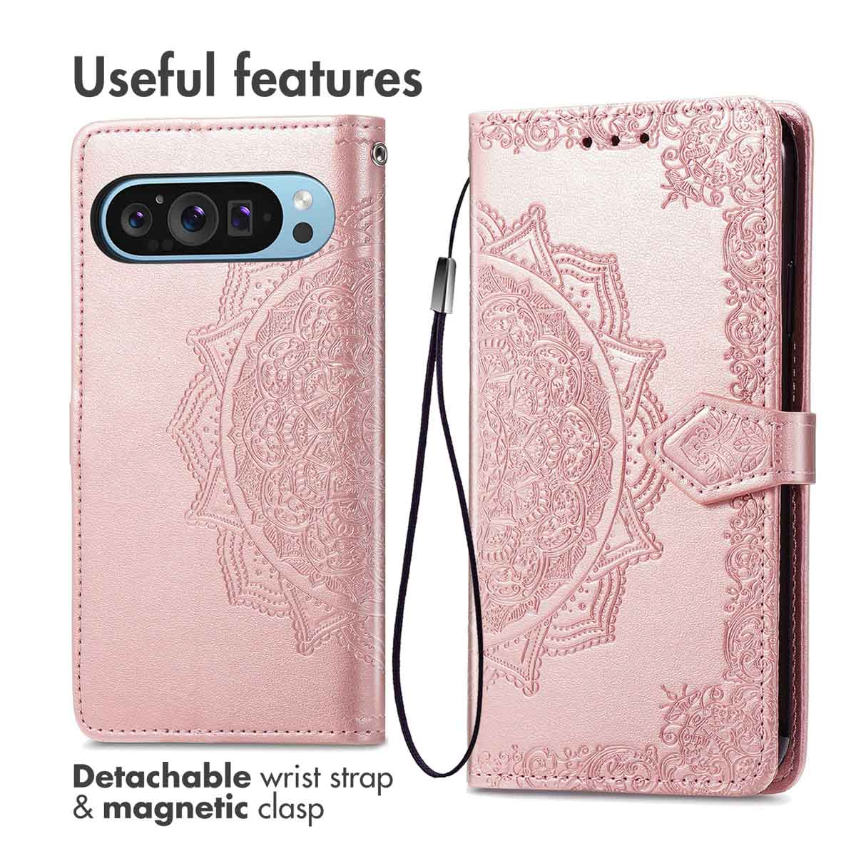 Custodia per telefono in pelle goffrata rosa con motivo mandala, laccetto da polso e chiusura magnetica, vista frontale e posteriore.