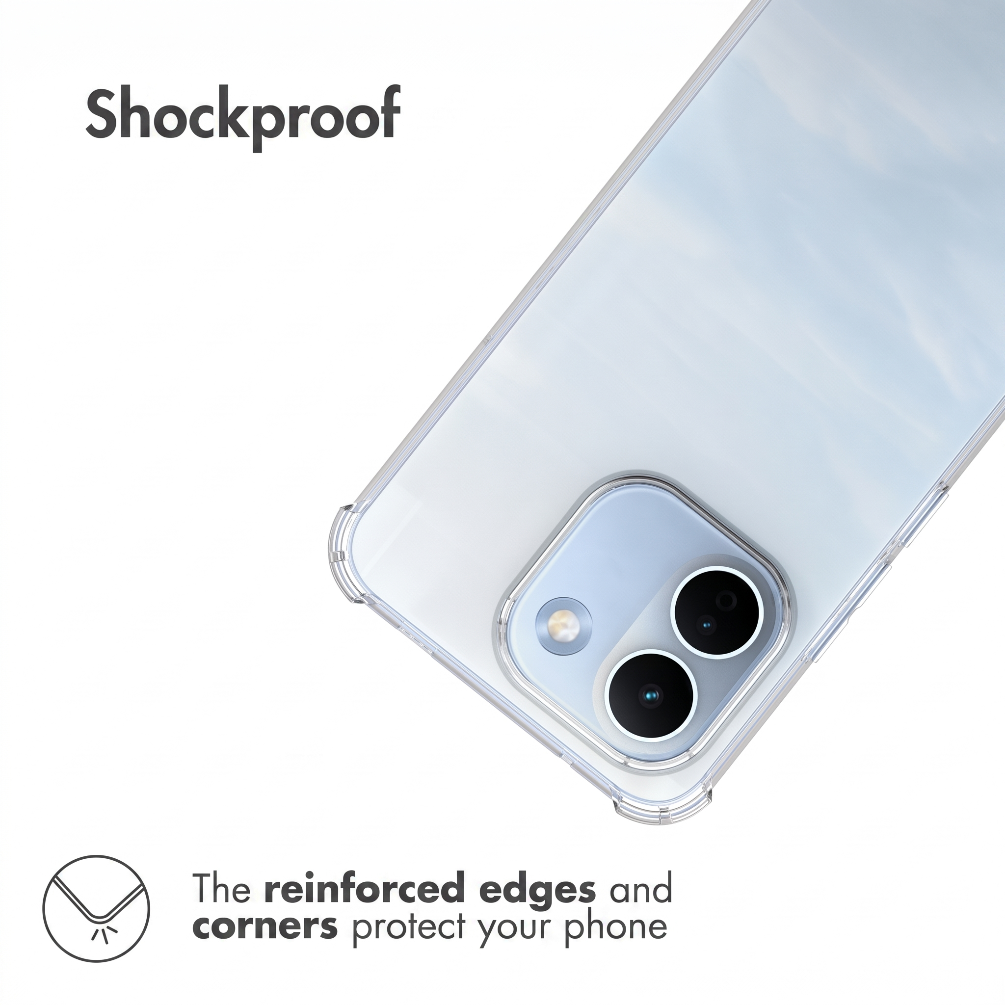 Funda transparente con esquinas reforzadas y doble cámara, texto Shockproof.