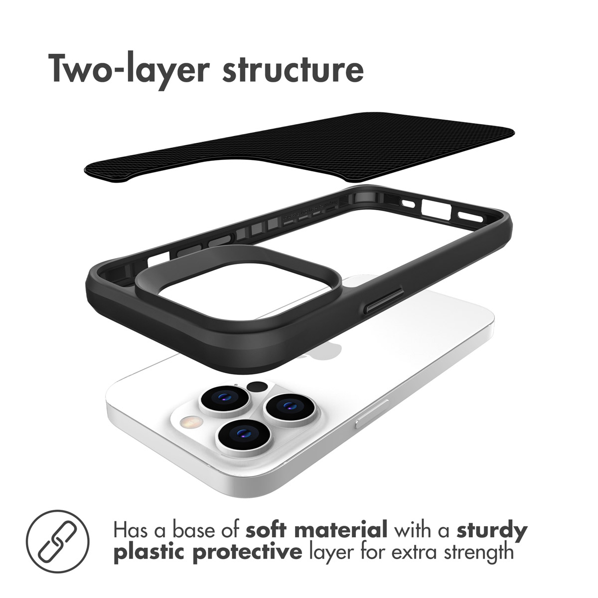 Diagrama de vista explosionada de una funda protectora de dos capas sobre un teléfono blanco.