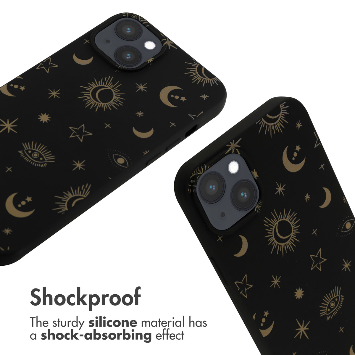 Dos fundas de teléfono negras con un patrón dorado de luna, sol y estrellas, material de silicona resistente.