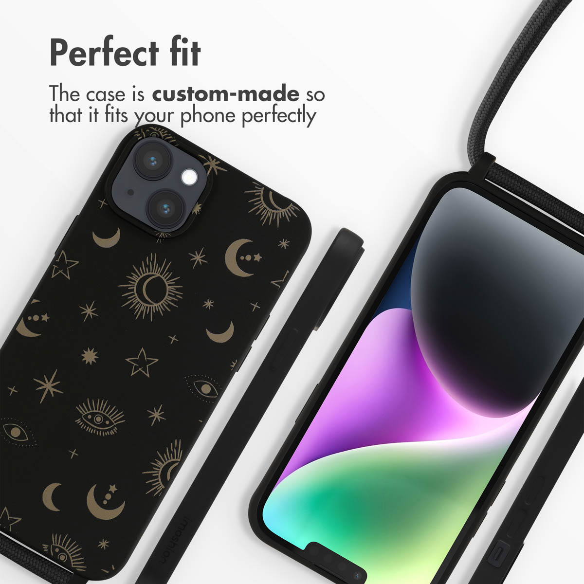 Fundas para teléfono con patrones de estrellas, soles y lunas, junto con otra con cordón.