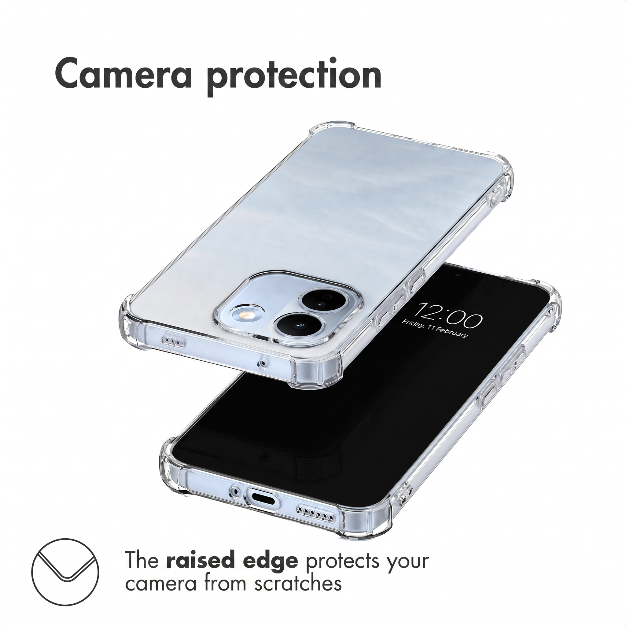 Funda protectora transparente con bordes elevados para proteger la cámara.