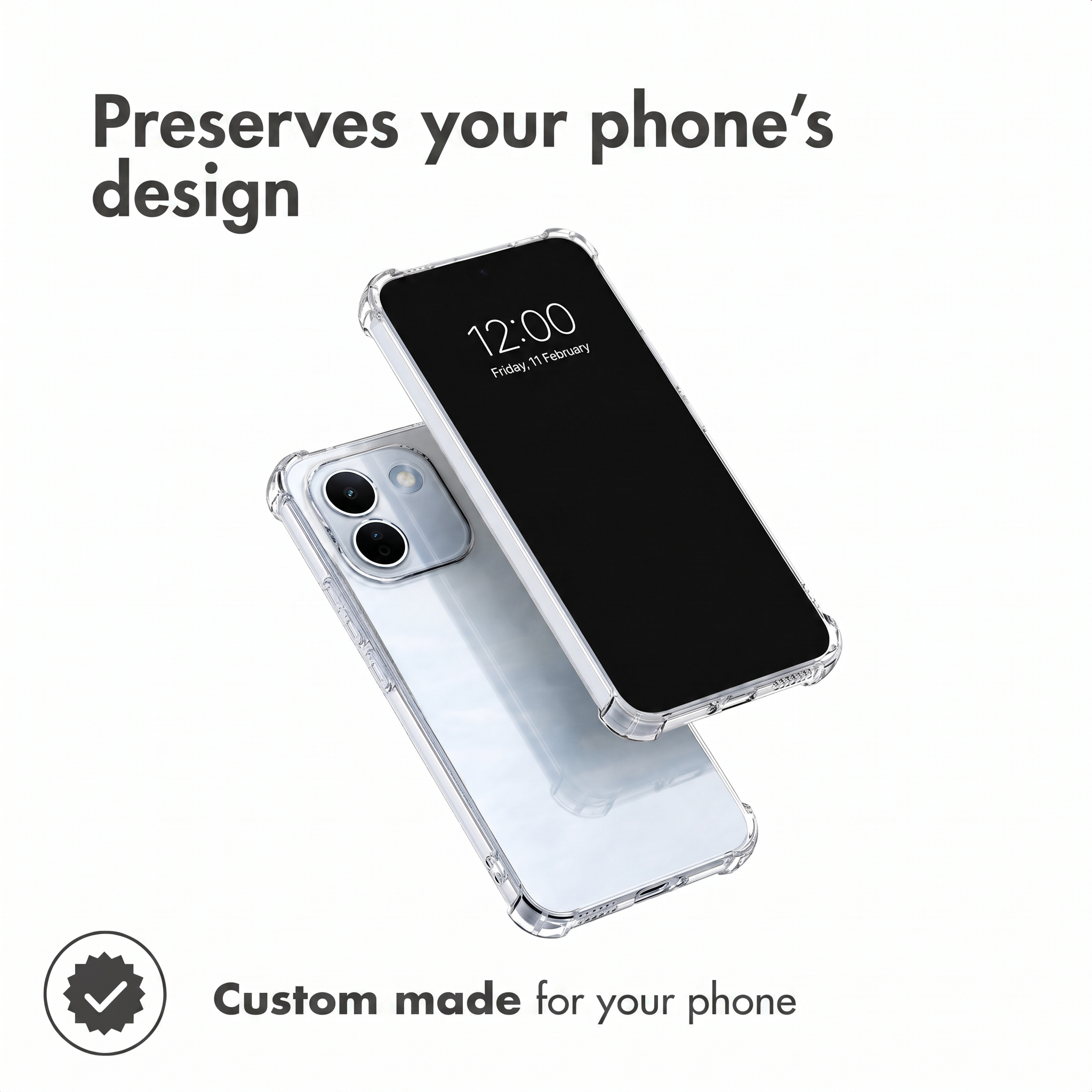 Dos teléfonos inteligentes con funda protectora transparente y texto.