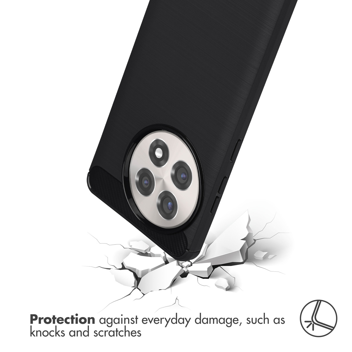 Funda negra para teléfono con cámara redonda en superficie agrietada.