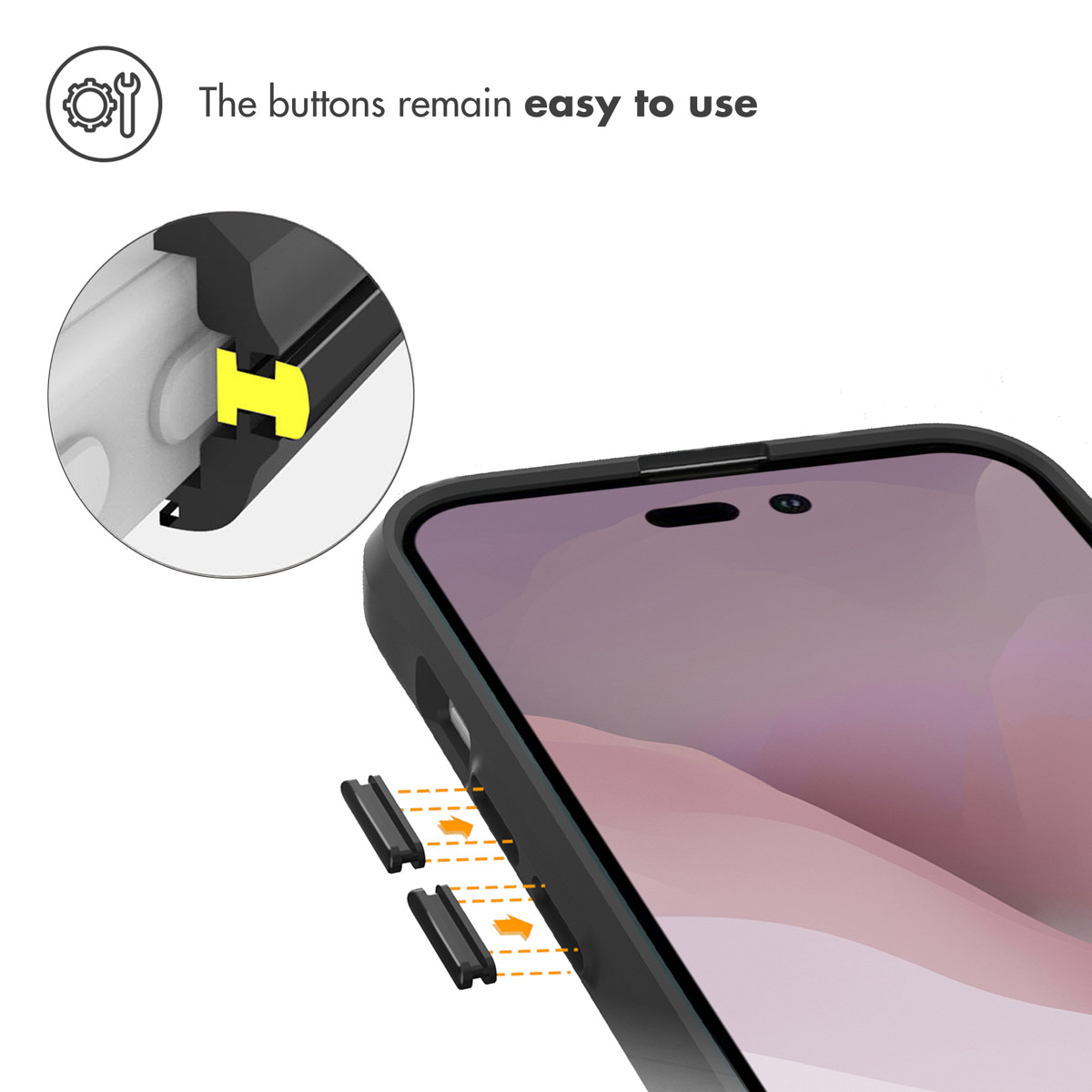 Diagrama que muestra el fácil uso de los botones del smartphone con funda, con una vista ampliada.