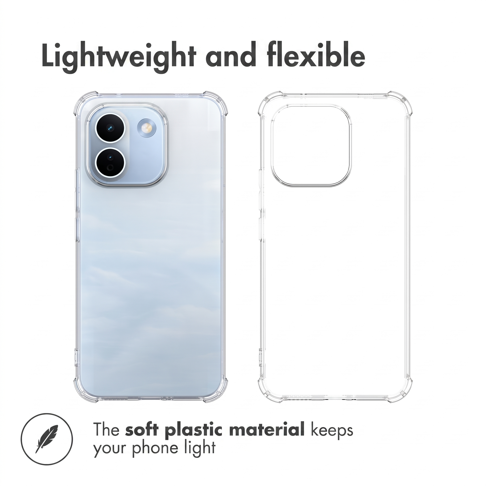 Funda protectora transparente ligera y flexible para un smartphone con dos cámaras.