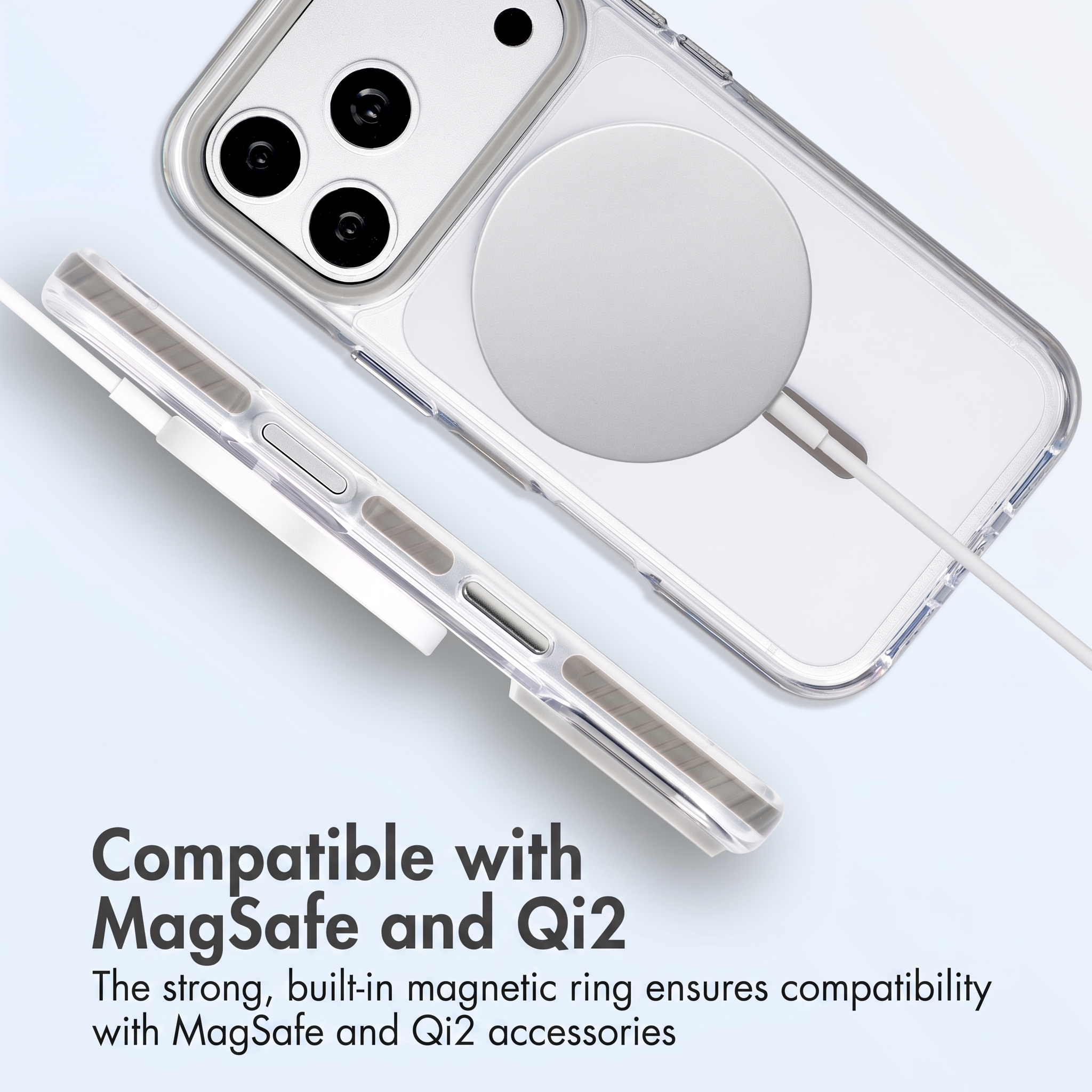 Transparente Handyhülle mit integriertem MagSafe- und Qi2-Magnetring.