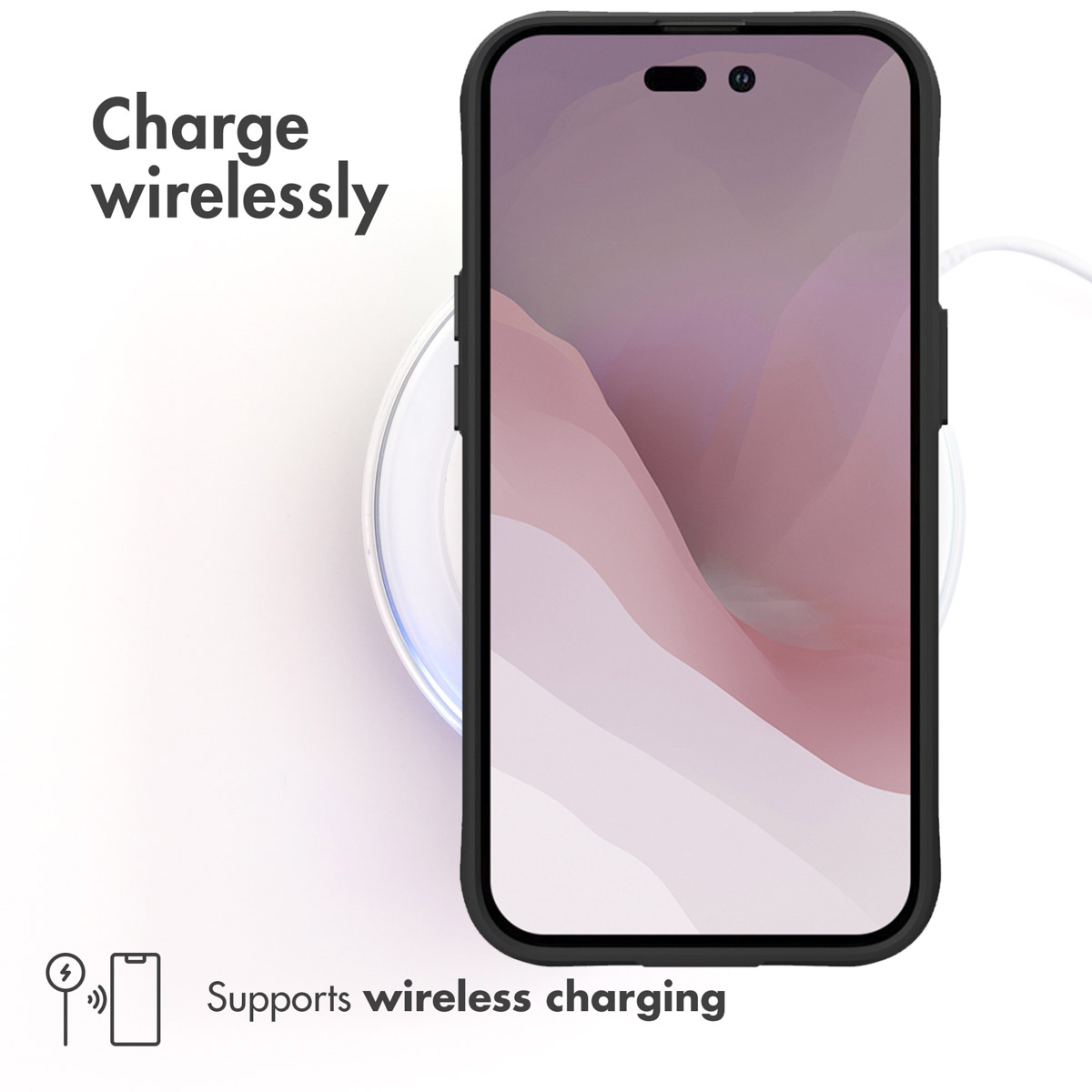 Un teléfono inteligente descansa sobre una base de carga inalámbrica redonda con texto.