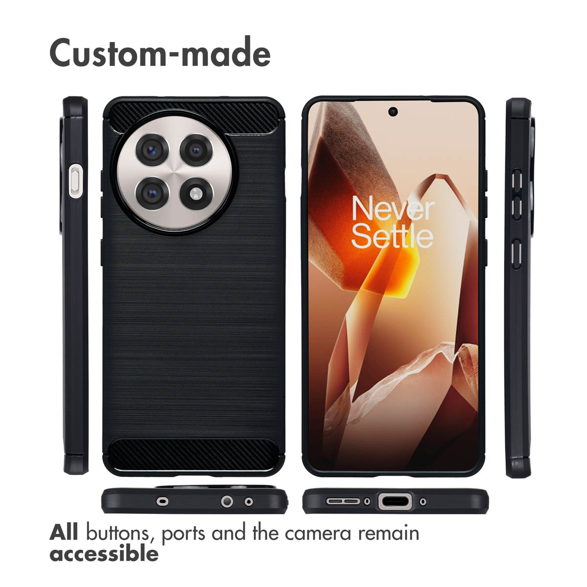 Varias vistas de una funda de smartphone negra con un módulo de cámara circular.