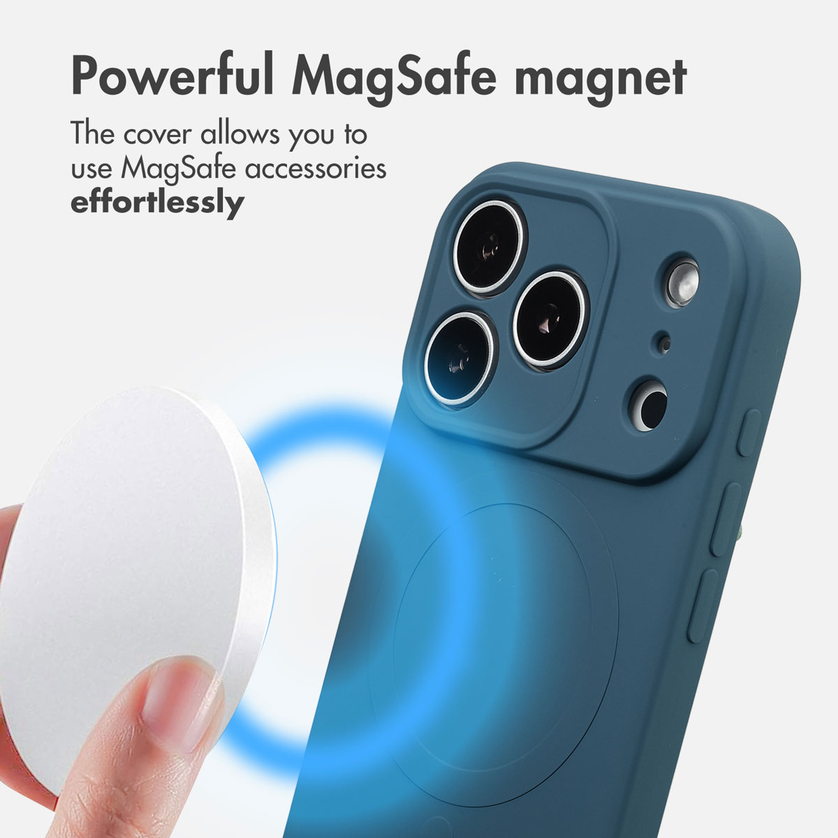 Blaue Handyhülle mit MagSafe-Funktion und weißem Puck.
