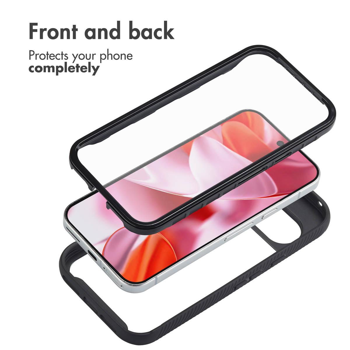 Smartphone con marcos protectores desmontables delantero y trasero.