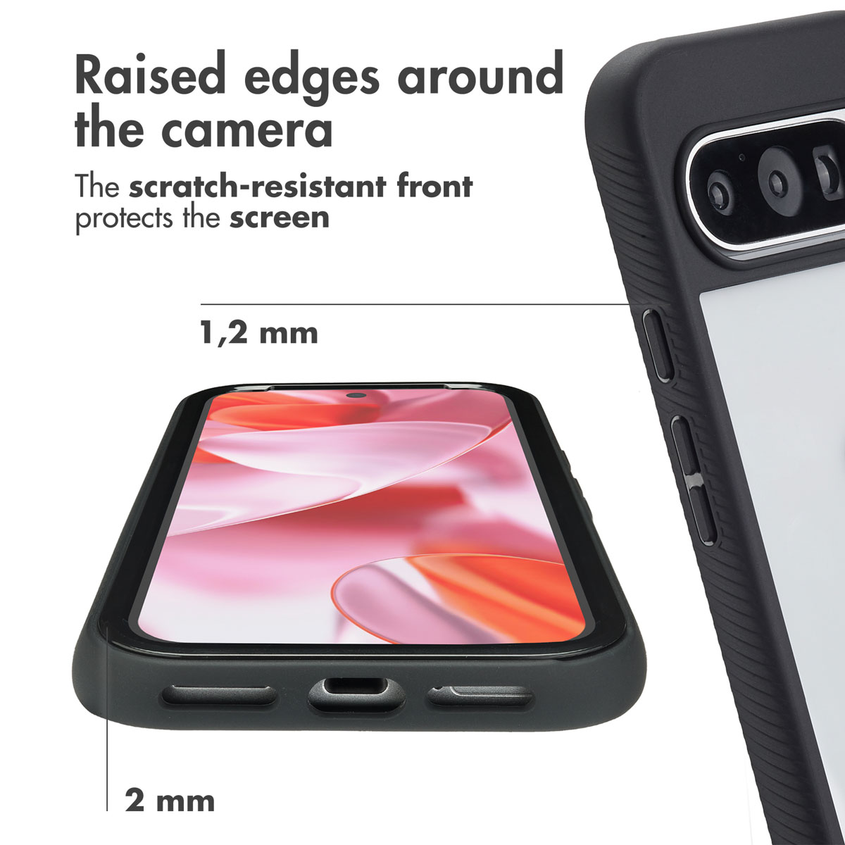 Primeros planos de una funda de teléfono que destacan los bordes elevados alrededor de la cámara y la pantalla.