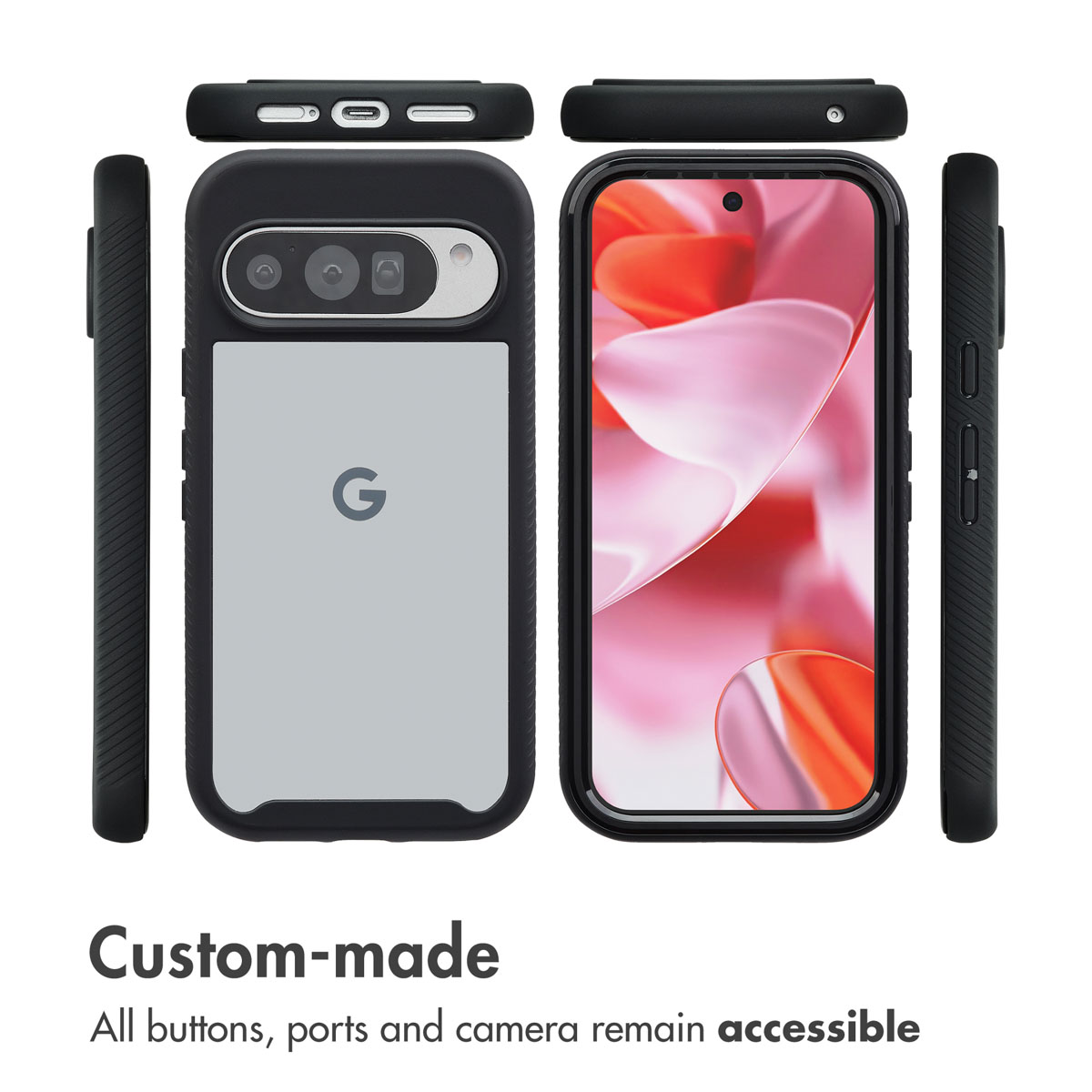 Múltiples vistas de una funda de teléfono Google negra con aberturas para cámaras, botones y puertos.