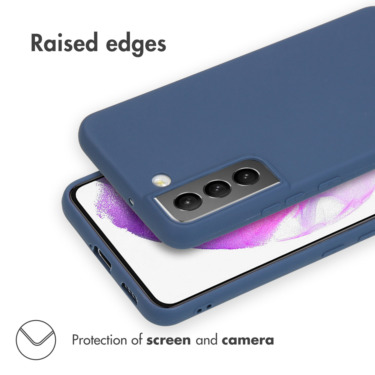 Coque de smartphone bleue avec bords surélevés pour protéger l'écran et la caméra.