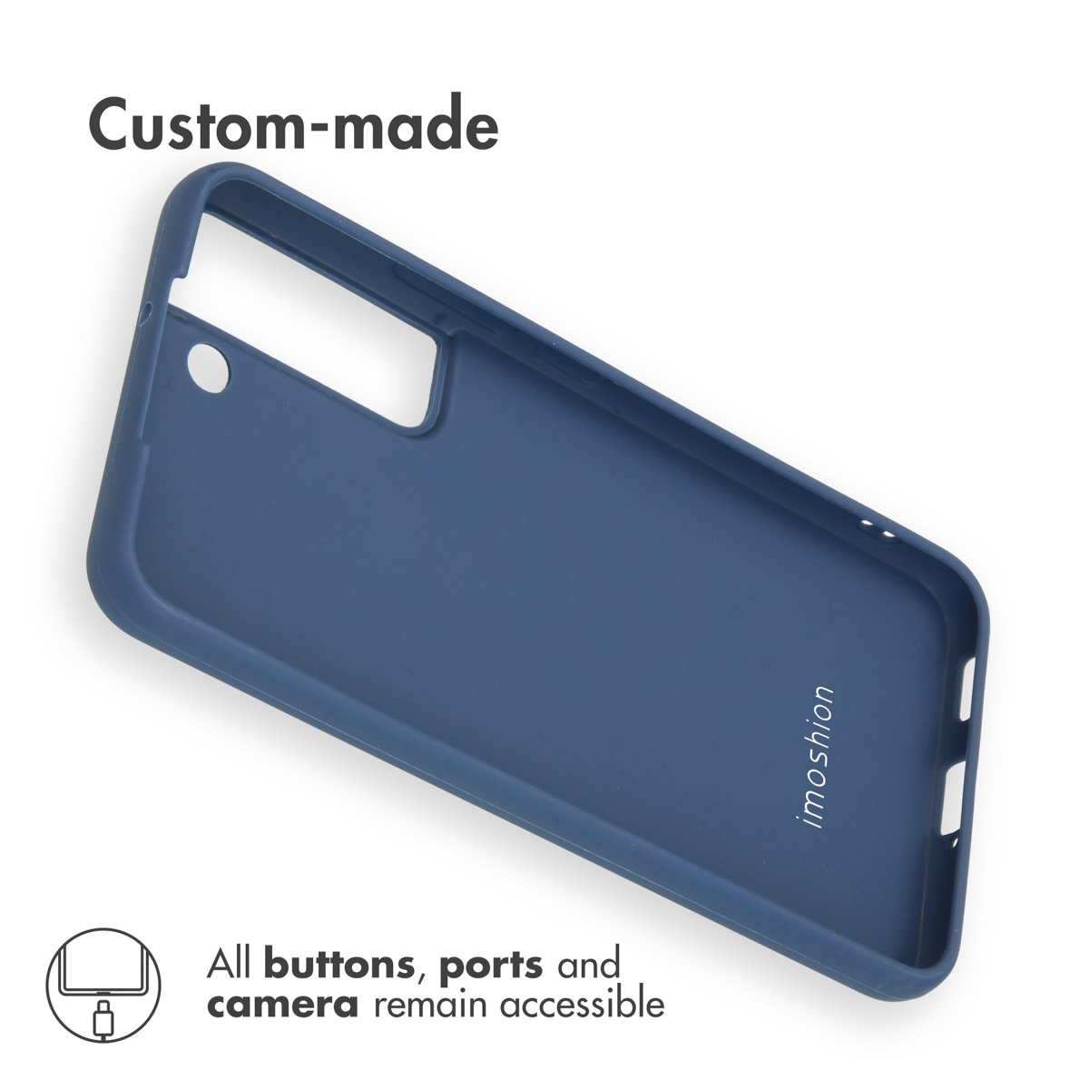 Une coque de smartphone bleue sur mesure avec des découpes précises pour l'appareil photo et les ports sur fond blanc.