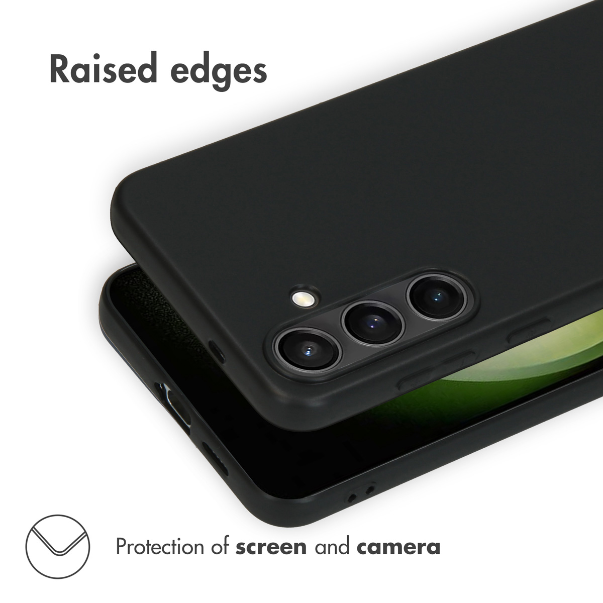Un teléfono negro con funda protectora negra, destacando bordes elevados para proteger la pantalla y la cámara.