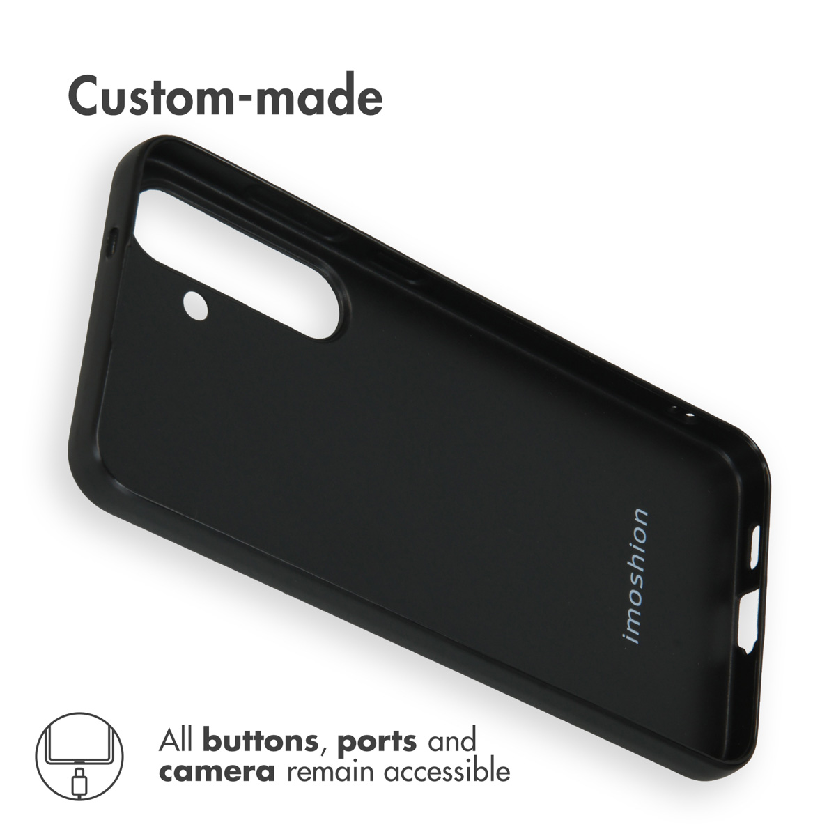 Una funda de móvil negra hecha a medida con el logotipo de imoshion y texto sobre la accesibilidad de botones.