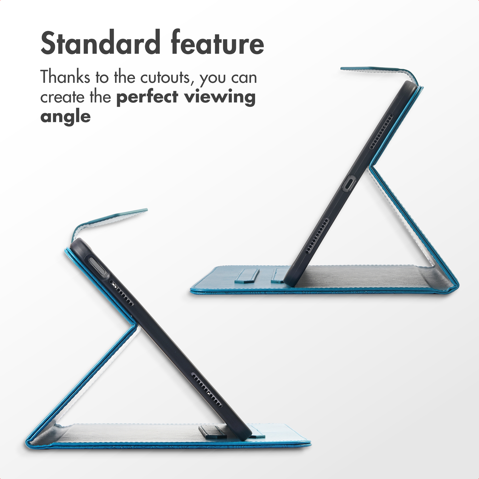 Blue tablet case functioning as a stand in various viewing angles.