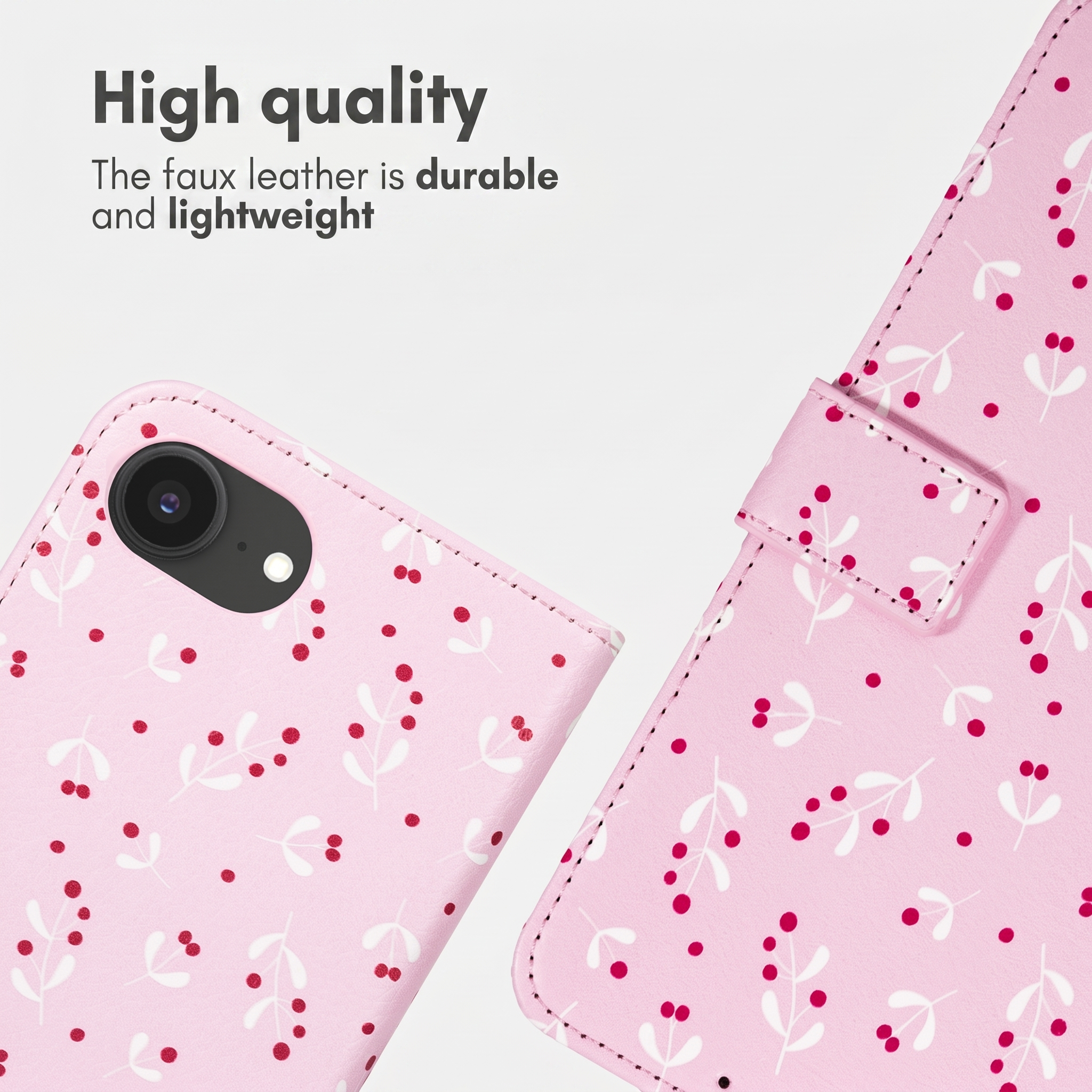 Custodia per telefono in ecopelle rosa con motivo a foglie bianche e bacche rosse.