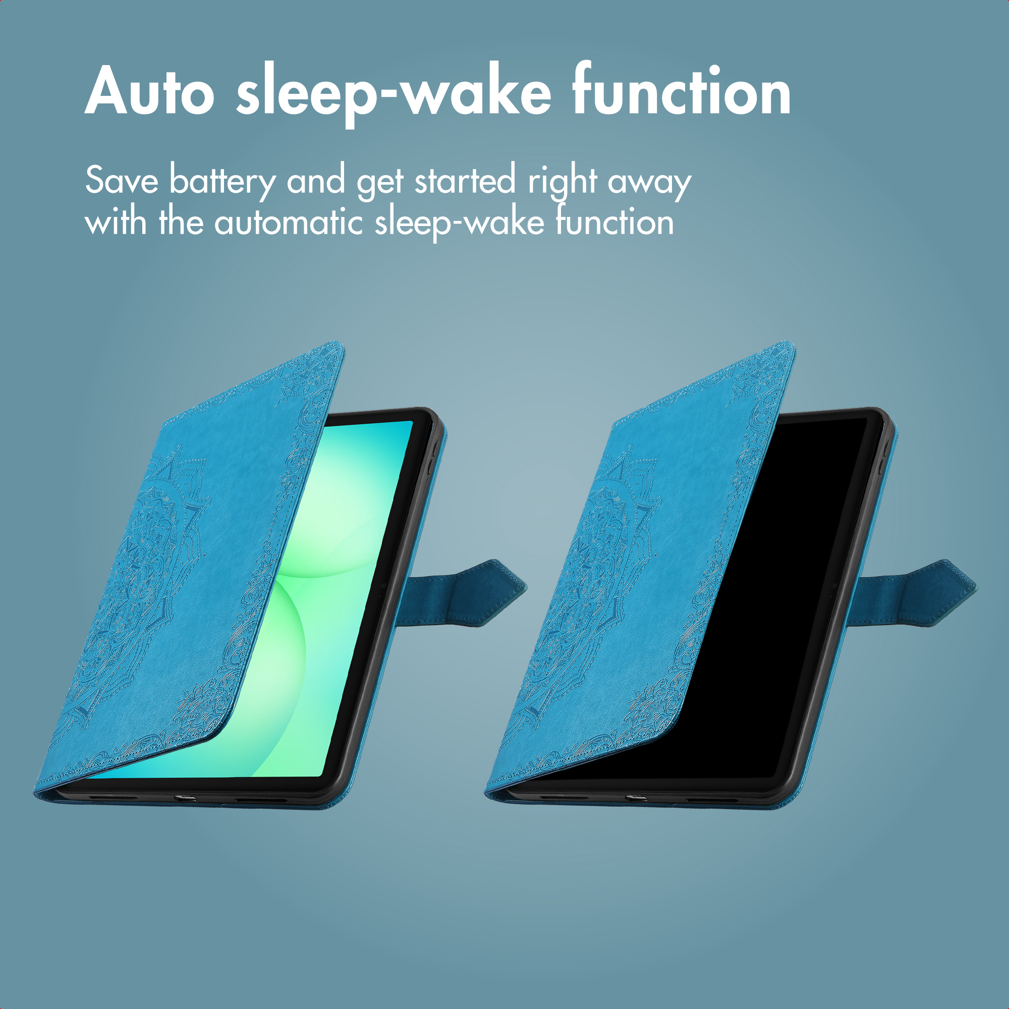 Blue tablet case demonstrates auto sleep-wake function with an illuminated screen and a dark screen.