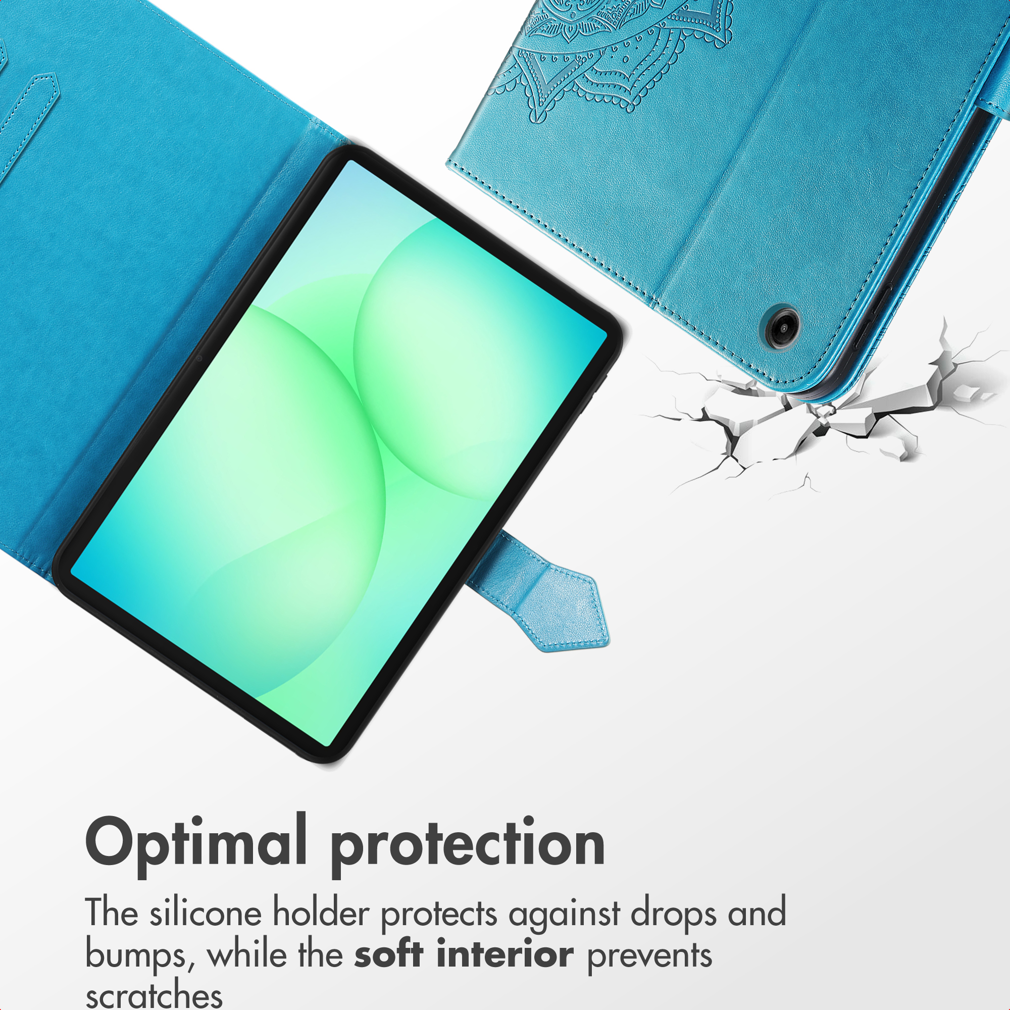 Blue tablet case with mandala pattern and green display.