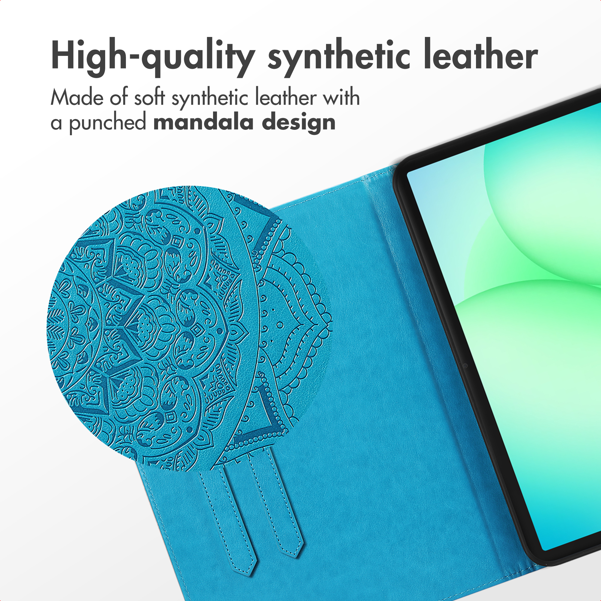 Blue synthetic leather tablet case with a mandala design.