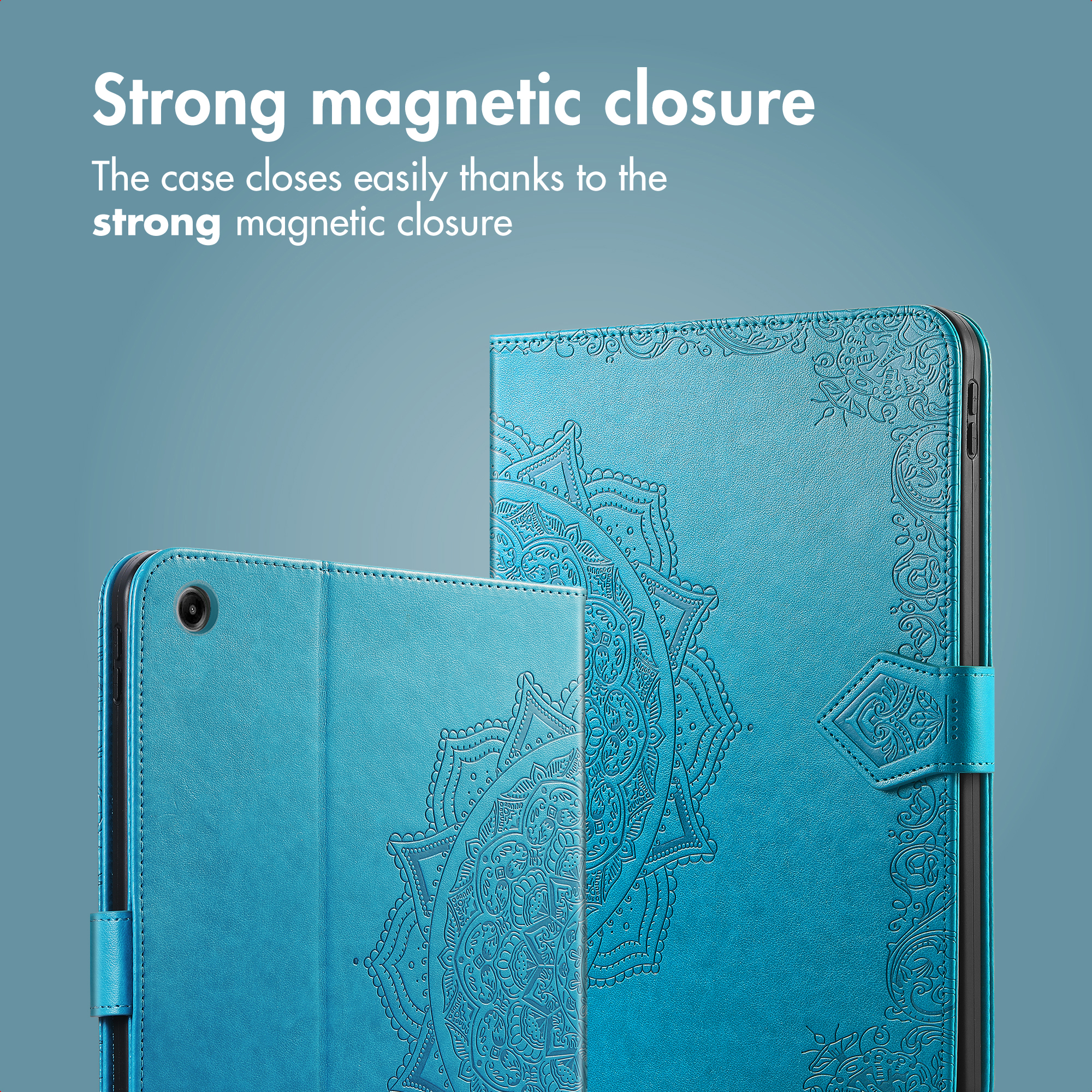 Teal tablet cases with embossed mandala pattern and text "Strong magnetic closure" on a blue background.