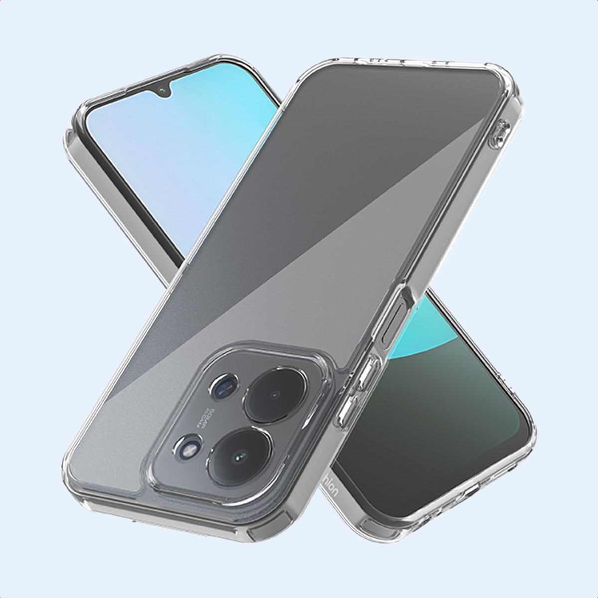 Due smartphone in custodie trasparenti su sfondo chiaro.