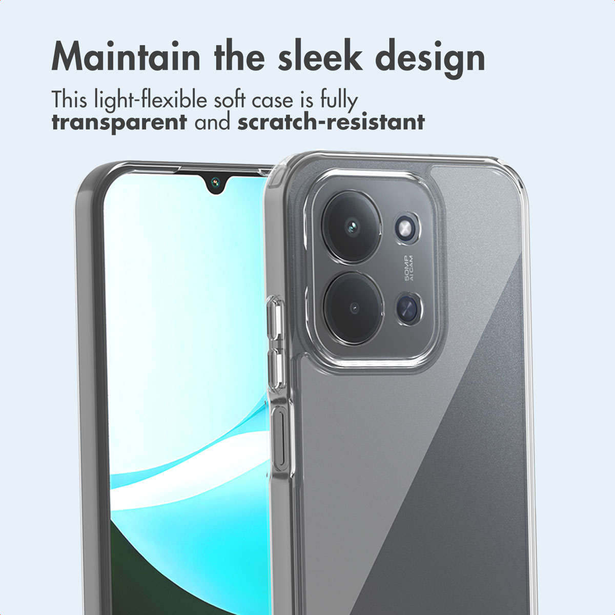 Uno smartphone in una custodia trasparente e antigraffio su sfondo azzurro con testo pubblicitario.