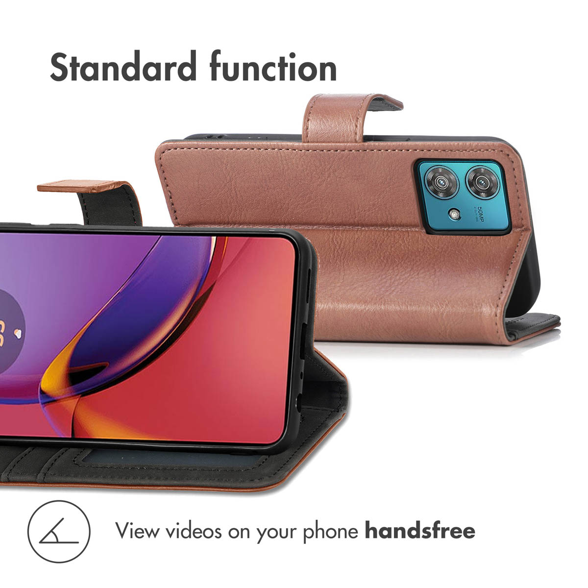 Una funda de cuero marrón para teléfono inteligente está abierta, mostrando la pantalla y la cámara.