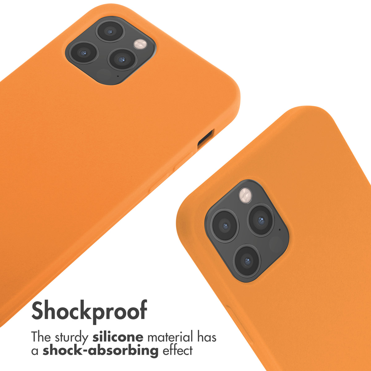 Deux coques de téléphone en silicone orange avec découpes pour appareil photo et texte.