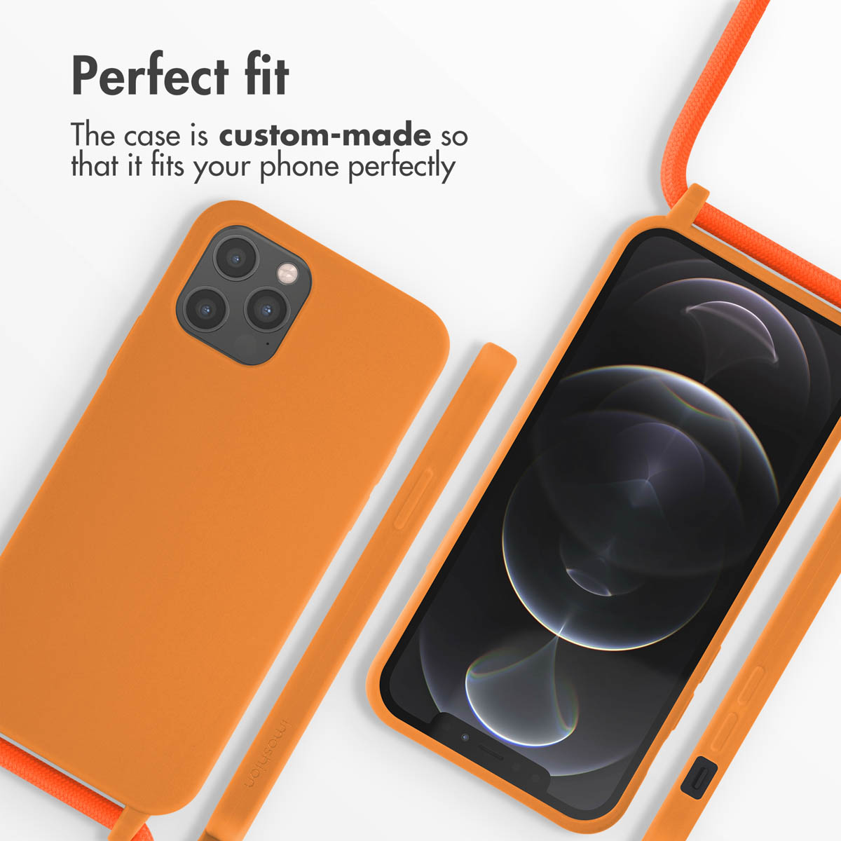 Un smartphone orange avec coque et lanière sur fond blanc avec texte.