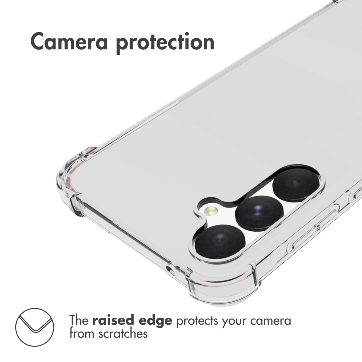 Custodia per telefono trasparente con bordo rialzato per proteggere la fotocamera.