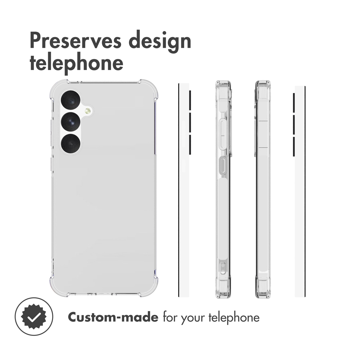 Custodia trasparente per telefono che mostra viste posteriori e laterali, con testo.