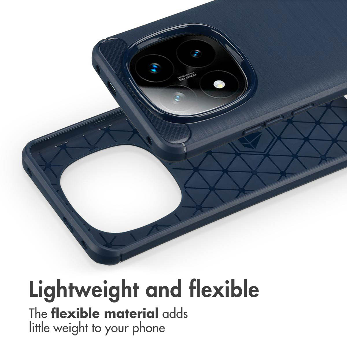 Custodia per telefono flessibile blu con motivo a rete interno e ritagli per la fotocamera.