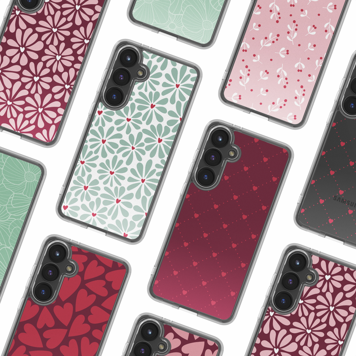 Varias fundas de móvil coloridas con patrones de flores y corazones sobre fondo blanco.