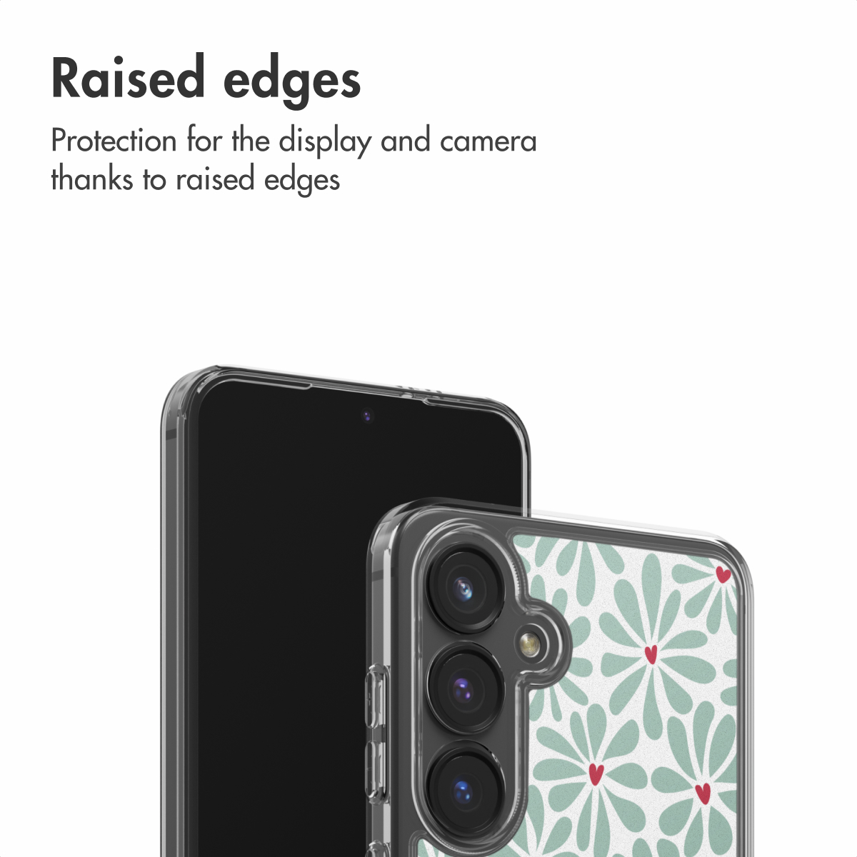 Un teléfono en funda transparente con diseño floral, destacando bordes elevados para proteger la pantalla y la cámara.