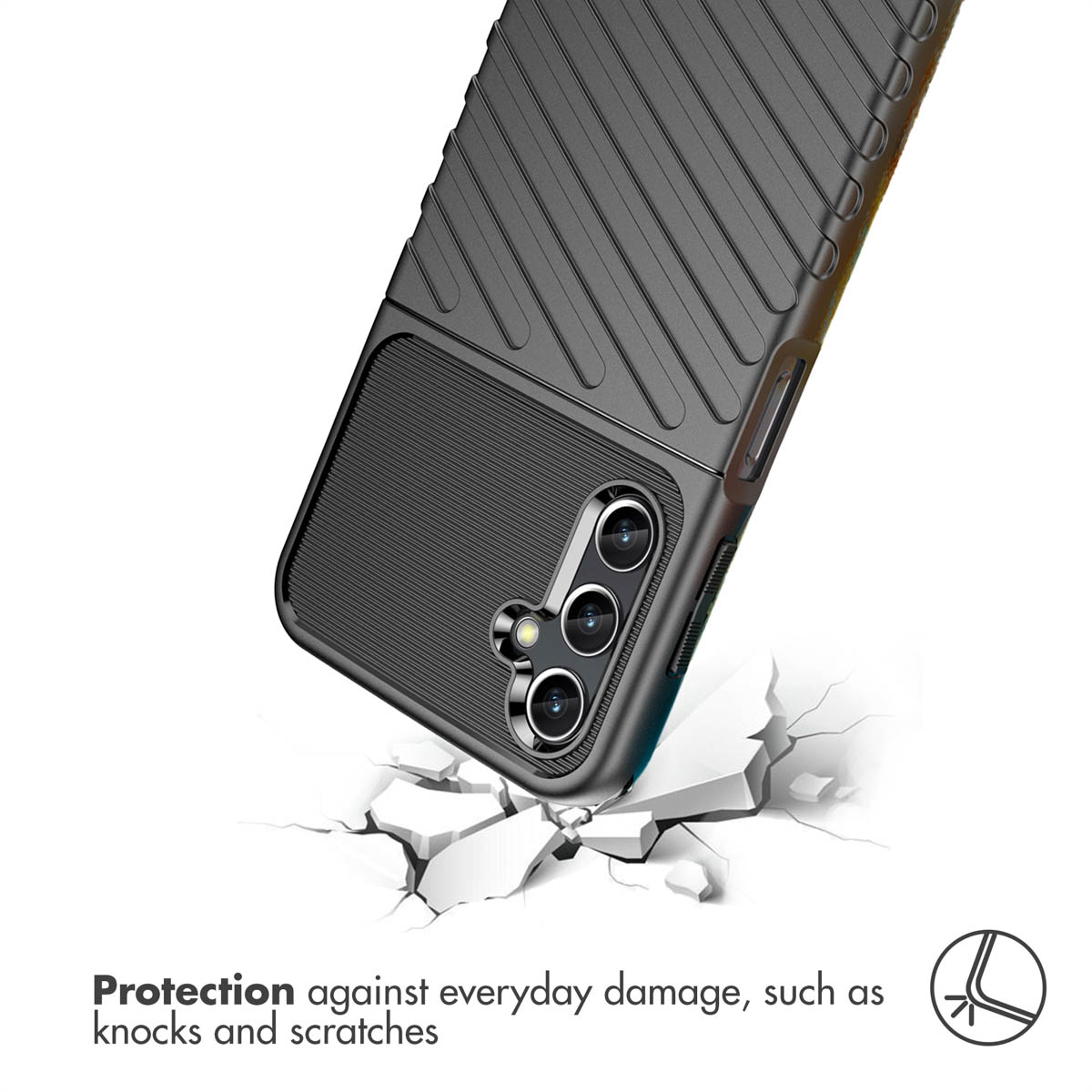 Coque de protection noire pour téléphone sur fond blanc avec texte sur la résistance.