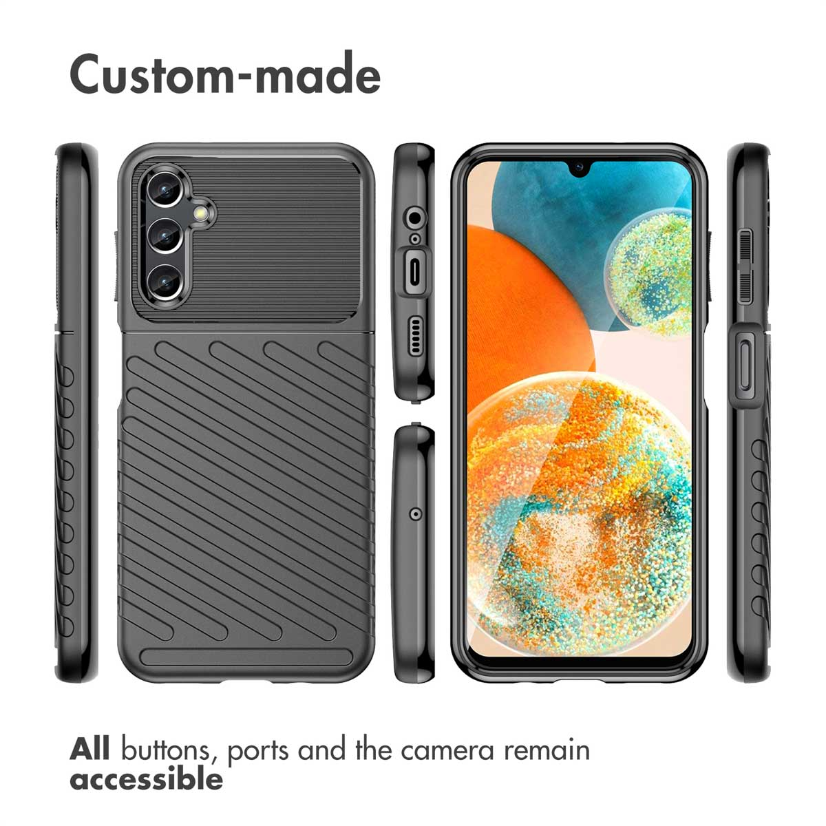 Coque de protection noire montrée sous plusieurs angles avec du texte.
