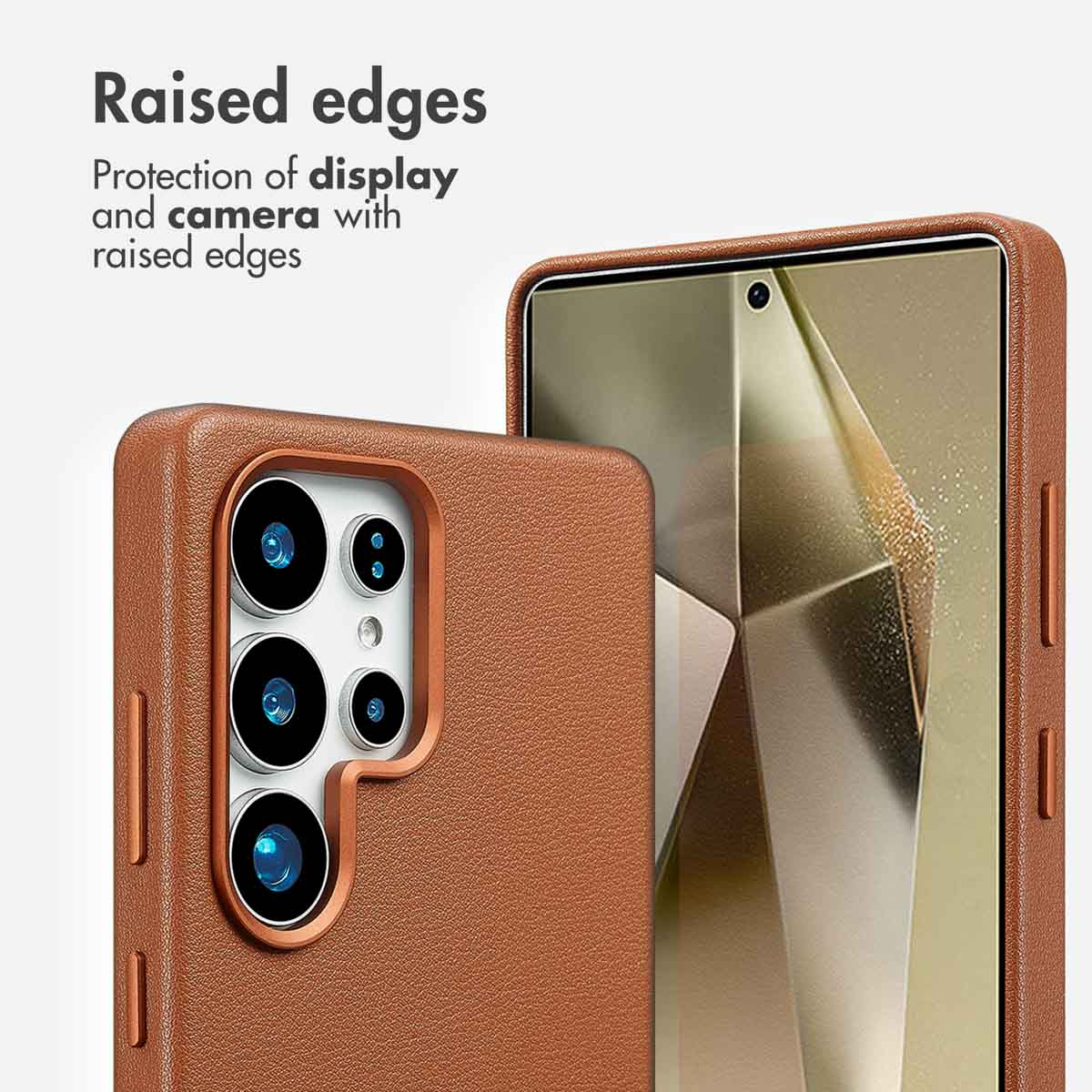 Custodia per telefono in pelle marrone con bordi rialzati per fotocamera e display.