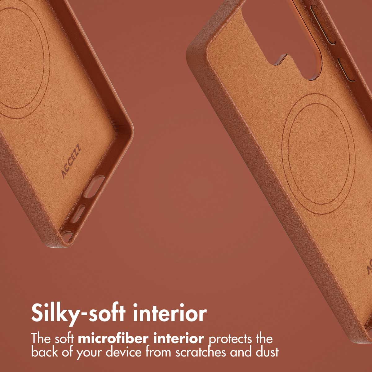 Custodie per telefono marroni con interno in microfibra, cerchio MagSafe e testo.