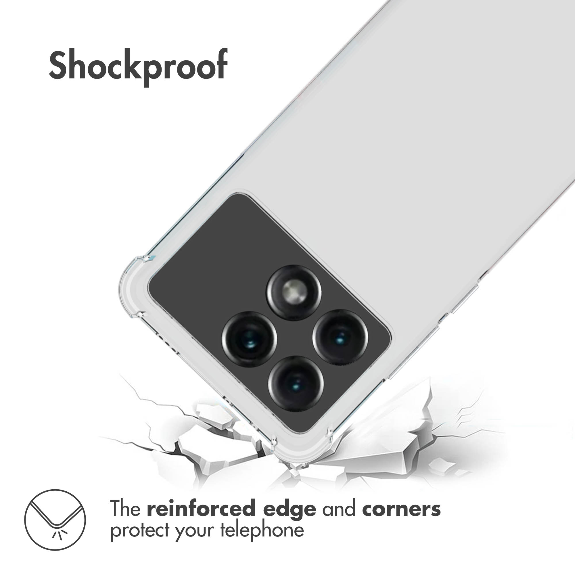 Funda transparente antichoque con esquinas reforzadas para mayor protección.