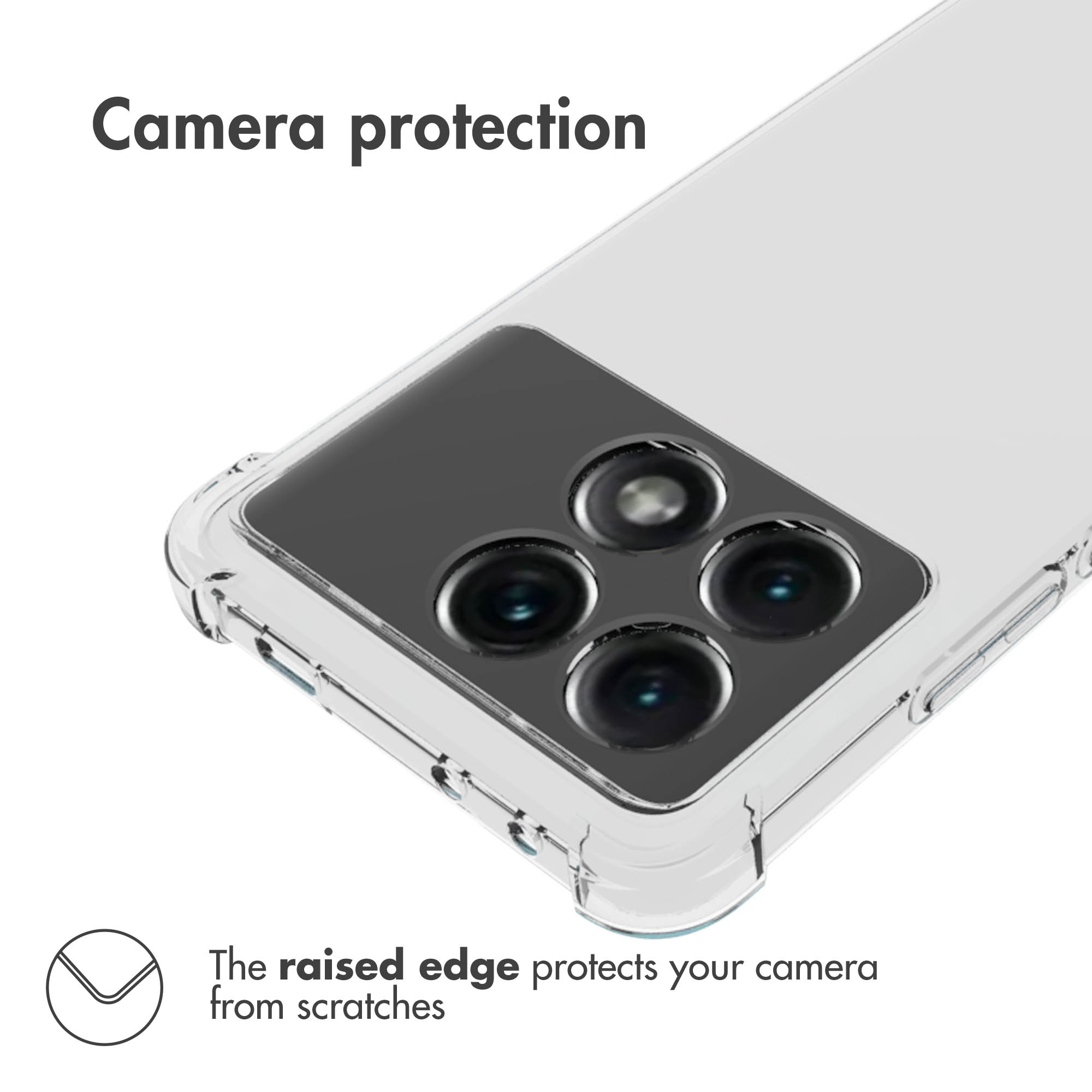 Protección de cámara: Funda transparente con borde elevado alrededor de las cuatro lentes para evitar arañazos.