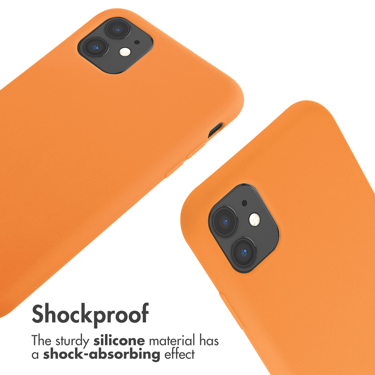 Dos fundas de silicona naranja para teléfonos sobre fondo blanco con texto.